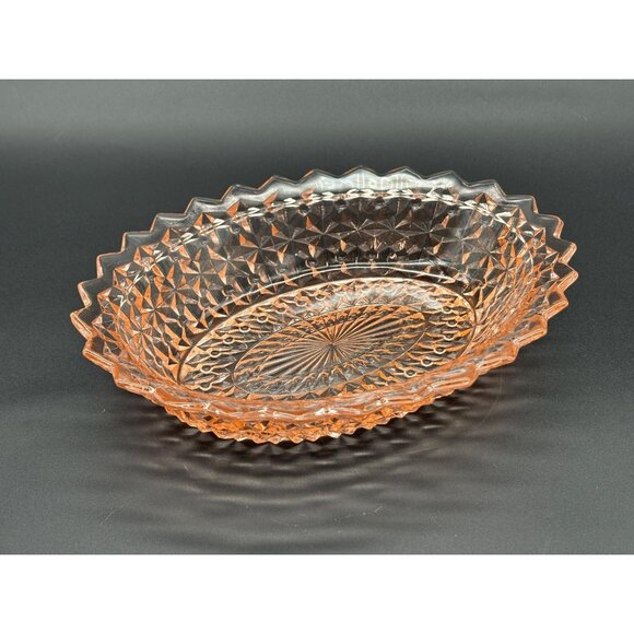 1930s Jeannette Glass Pink Holiday Buttons Bows Pink Depression Glass Oval Bowl - Picture 6 of 8